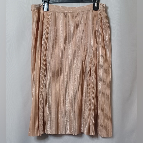 Anthropologie Maeve Ambra Pleated Pink Rose Metallic Midi Skirt. L - Picture 2 of 10